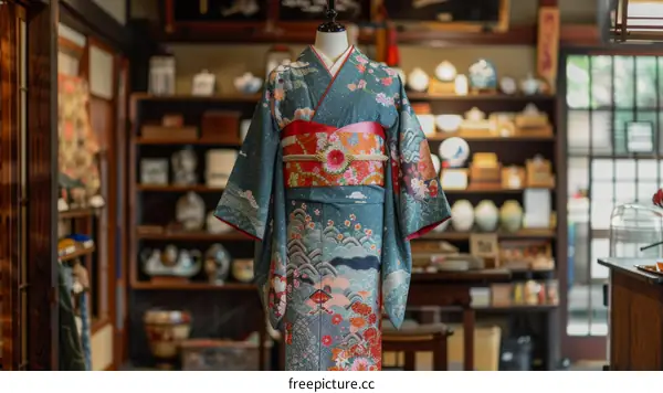 A kimono with a floral pattern and a red obi sash is displayed in a traditional Japanese room.
