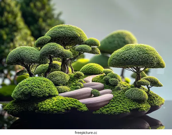 Miniature Trees and Plants in a Pot with Green Moss