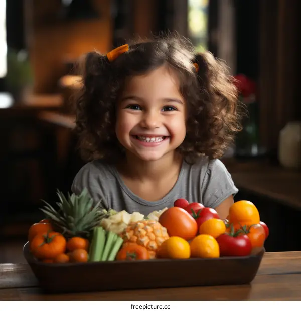 Little girl with curly hair smiling next to a bowl of fruits and vegetables