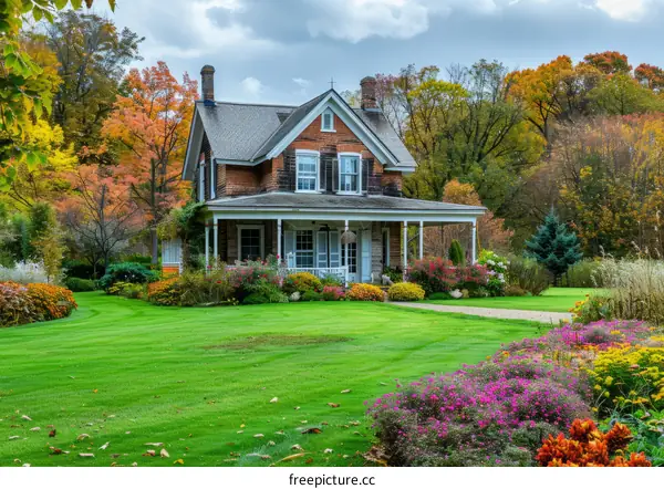 Colorful autumn landscape of a traditional American house with a garden full of flowers