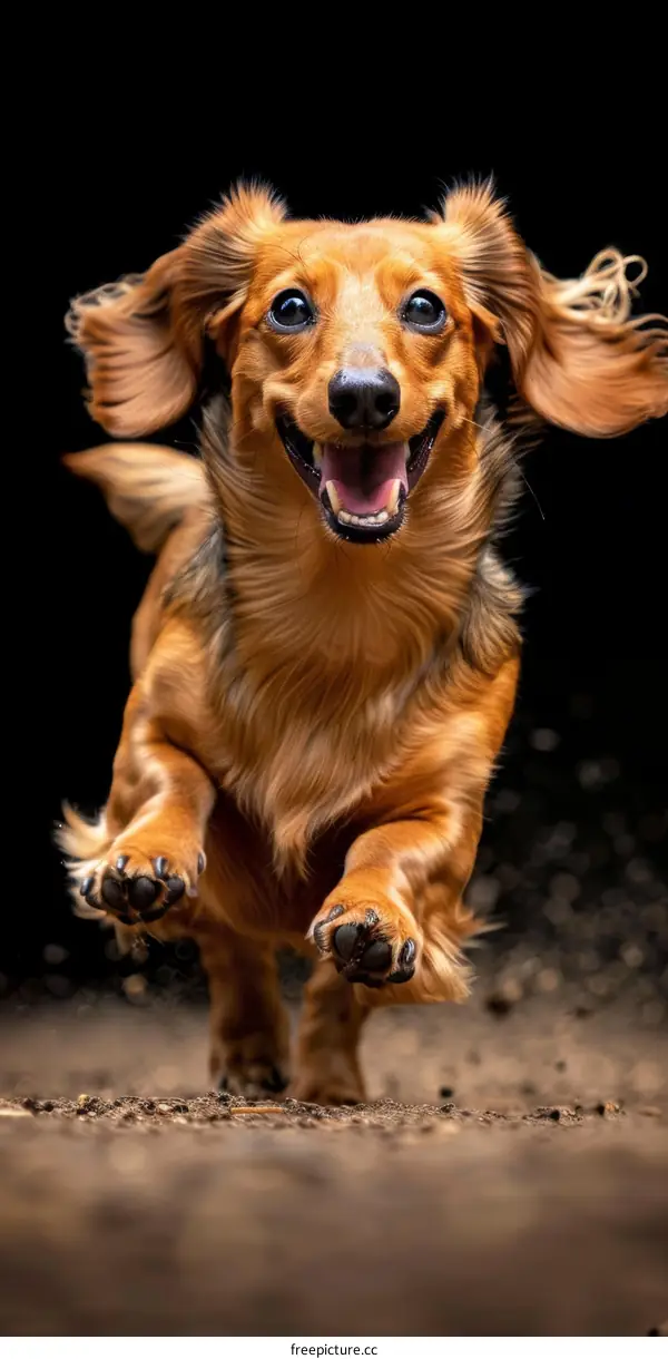 A happy brown dachshund running with its ears blown back