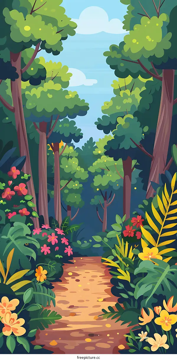 Pathway Through Lush Forest With Bright Flowers