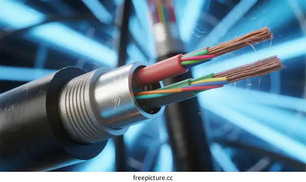 Detailed view of fiber optic cable with multiple colored wires