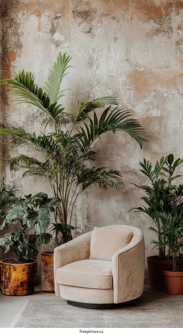 Beige armchair surrounded by plants in a rustic room