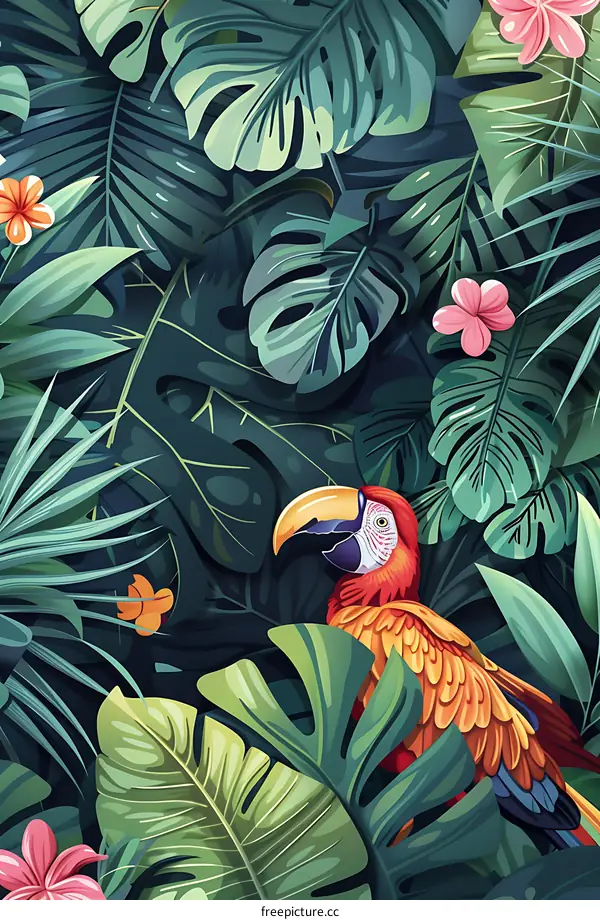 Tropical Jungle Illustration with Parrot
