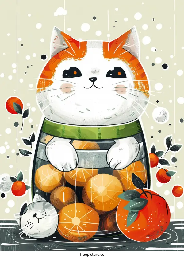 A cute cat sitting in a jar of oranges