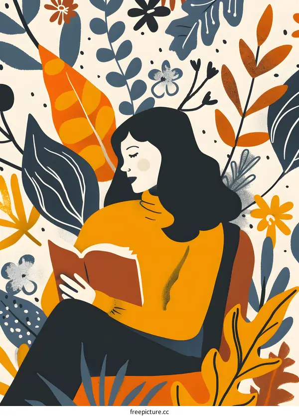 Woman Reading a Book in a Floral Illustration