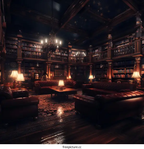 fantasy library with bookshelves and leather chairs