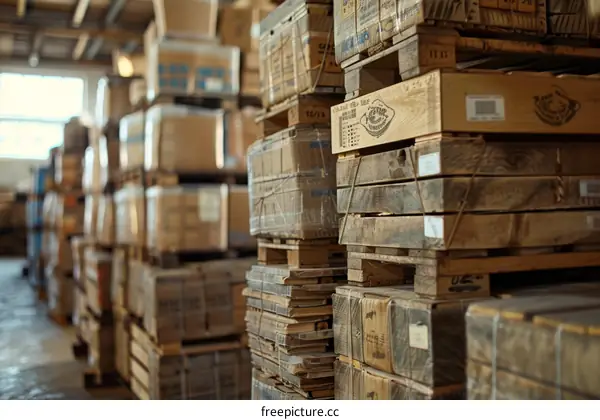 Stacks of wooden pallets and boxes in a warehouse