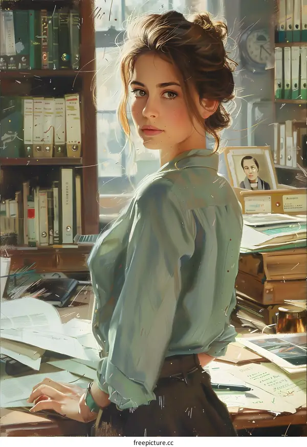 Woman in Green Shirt Looking Over Her Shoulder in a Library