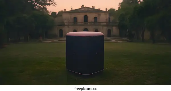 Black Speaker on Green Grass in Front of a Building