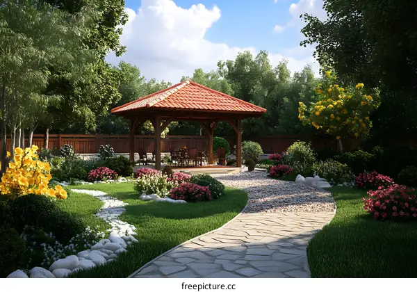 Beautiful Backyard Garden With Gazebo And Stone Pathway