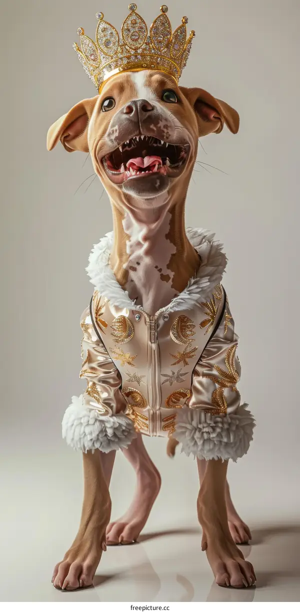 A smiling dog wearing a golden crown and a golden jacket