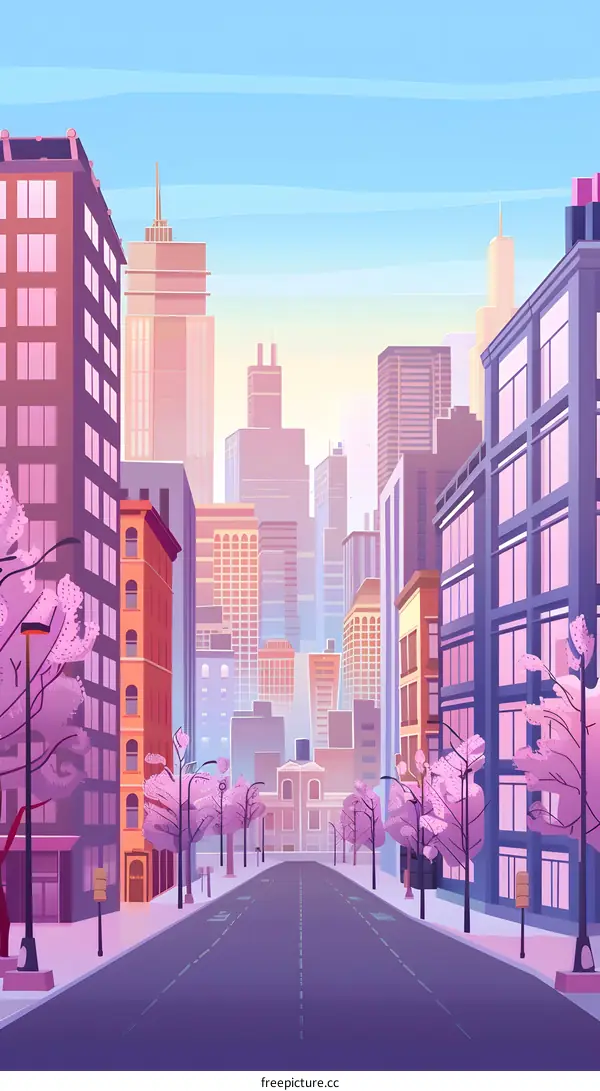 Cityscape with Pink Trees and Blue Sky