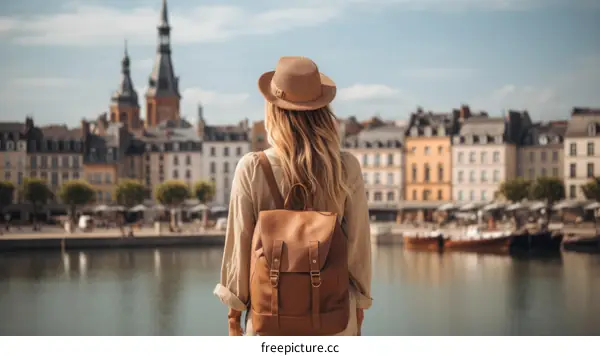 A blonde woman wearing a brown hat and a backpack standing by the river and looking at the old European city
