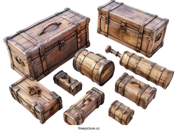 [Transparent Background PNG]A collection of wooden chests and barrels