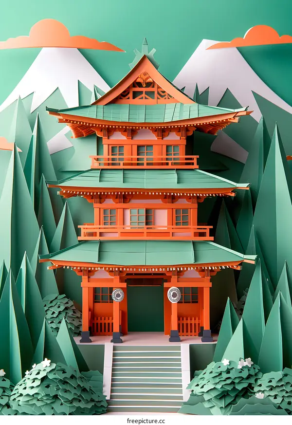 A paper model of a traditional Japanese temple with green and orange accents sits in a forest of green paper trees