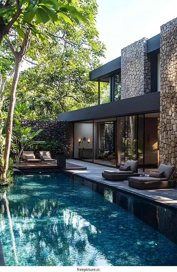 Modern House with Swimming Pool and Lush Greenery