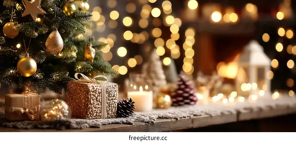 Christmas Decorations on Wooden Table with Blurred Background