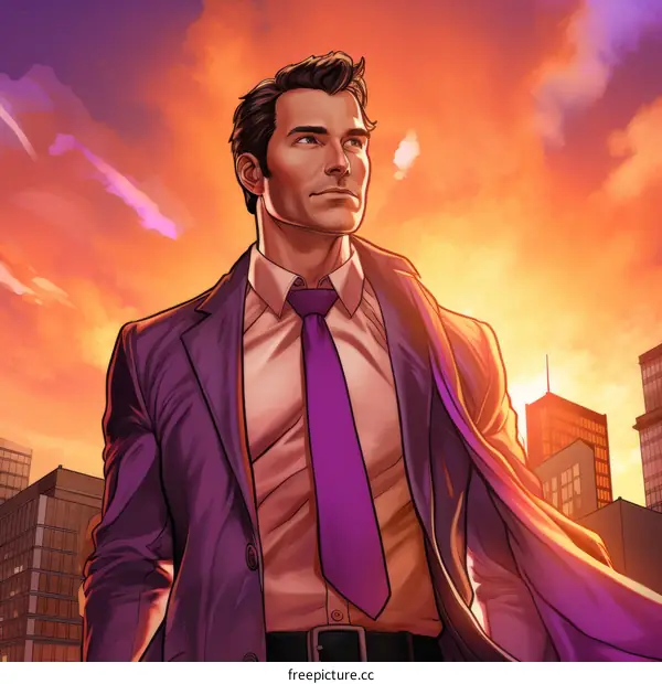 A man in a purple suit stands in front of a city skyline.