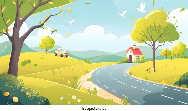 Cartoon Illustration of a Winding Road in a Green Meadow with a House and a Car