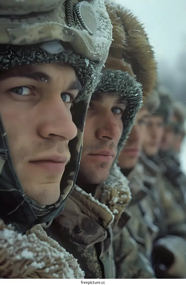 A group of soldiers wearing winter hats with fur lining up in the snow.