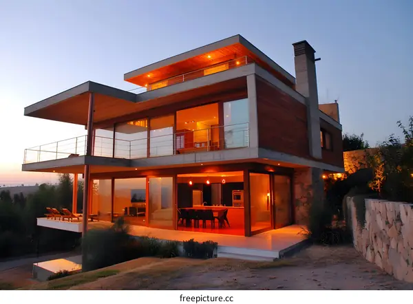 Modern House with Glass Walls and Wooden Beams