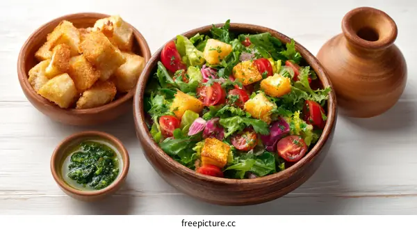 Delicious Mediterranean Salad with Croutons and Pesto