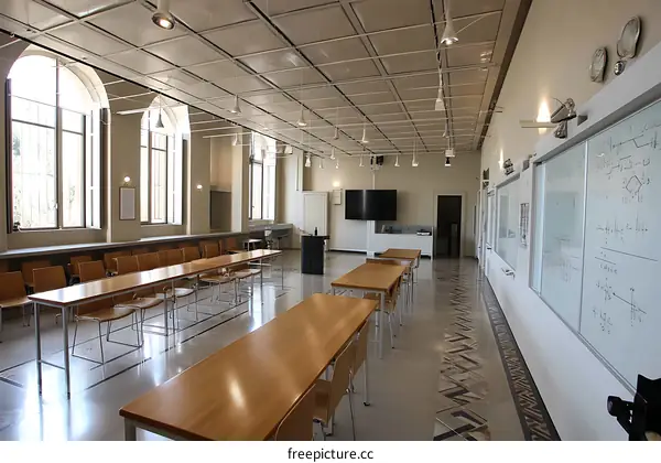 Spacious Classroom with Long Tables and Whiteboards