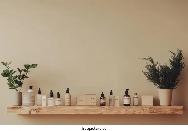 Wooden Shelf Displaying Skincare and Beauty Products