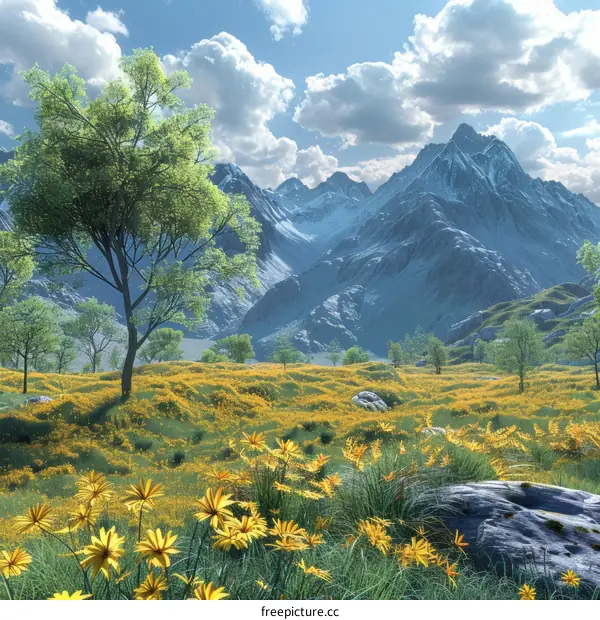 Tranquil Mountain Landscape with Blooming Yellow Wildflowers