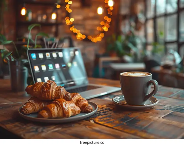 Laptop and Coffee Cup on Wooden Table in Cafe