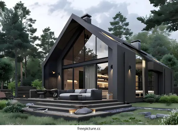 Modern Black House with Large Windows and a Wooden Deck in the Forest