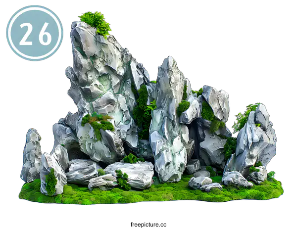 [Transparent Background PNG]Gray Rocks with Green Moss and Plants on White Background