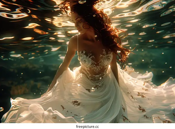 Woman in a Flowing White Dress Underwater