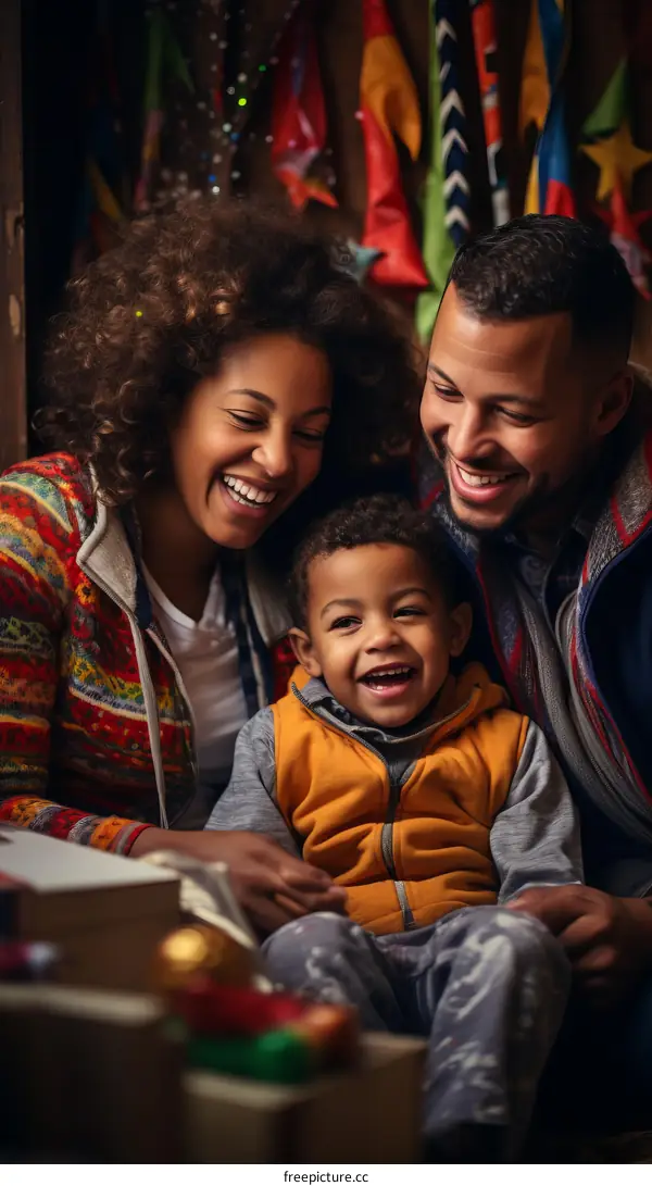 Happy family of three sitting on the floor near Christmas tree