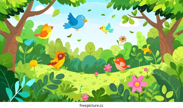 Birds Singing In A Green Forest Illustration