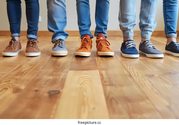 Five Pairs of Feet in Jeans and Sneakers on Wooden Floor