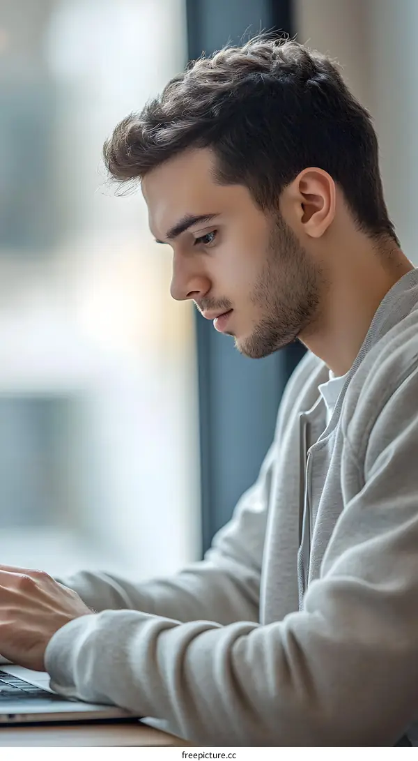 Man Working On Laptop In Cafe