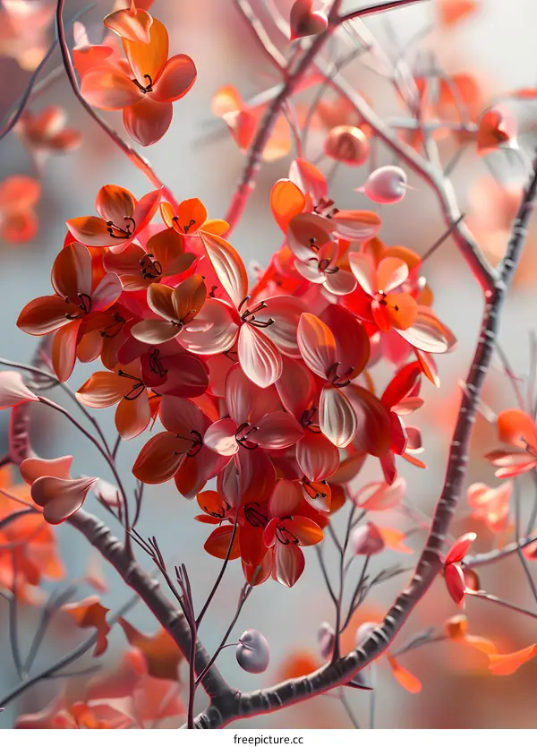 3D red flowers blooming on branches