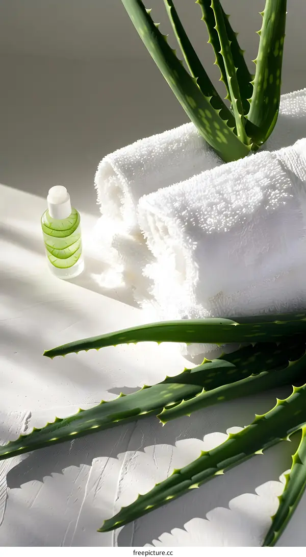 Aloe Vera Plant with White Towels and Essential Oil Bottle