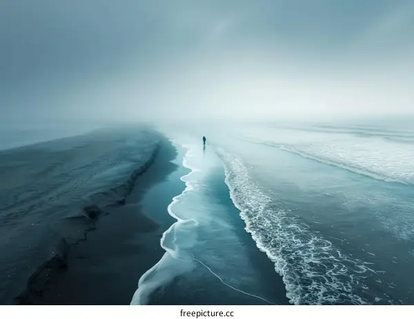 Person walking alone on a beach with a foggy sky