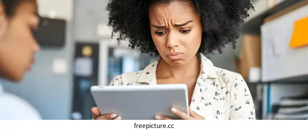 African American Woman Looking at Tablet with Concerned Expression