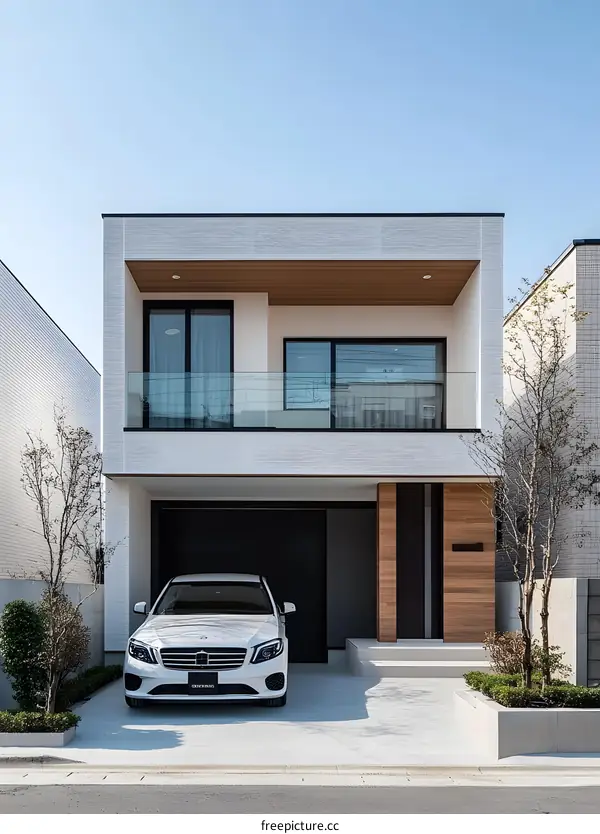 Modern Two Story House with a White Exterior and a Car in the Garage