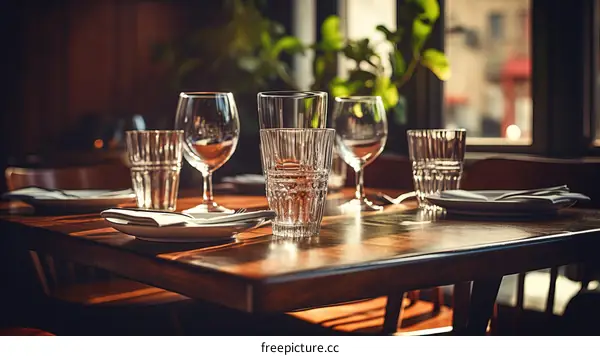 An empty restaurant table set with glasses and plates