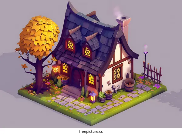 Cute Cartoon Style Autumn Cottage Illustration