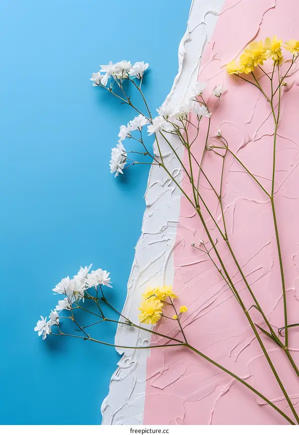 White and Yellow Flowers on Blue and Pink Background