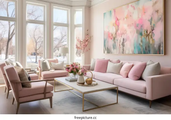Modern pink living room with a large pink painting on the wall