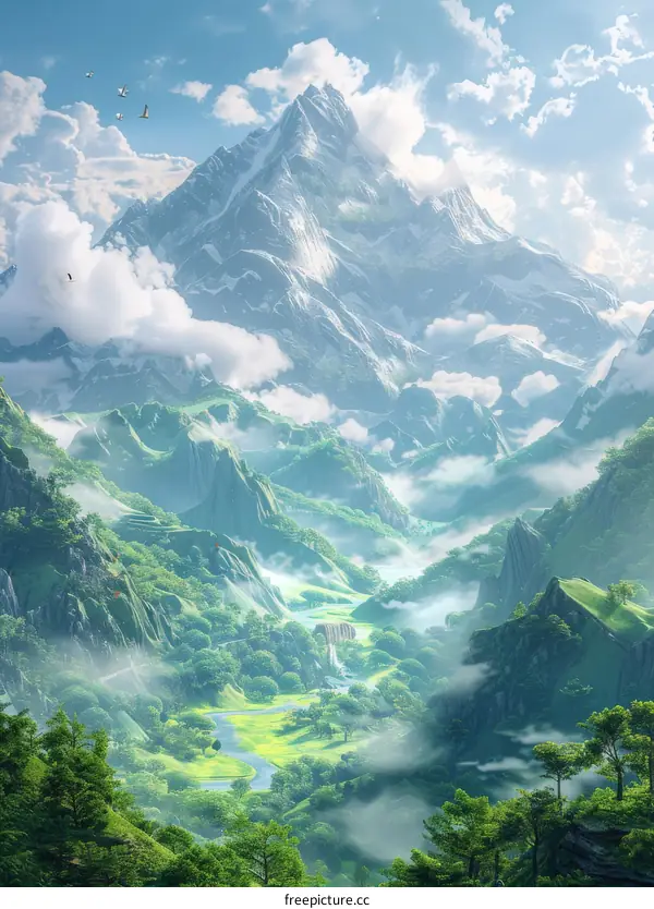 Majestic Mountain Valley Landscape Illustration