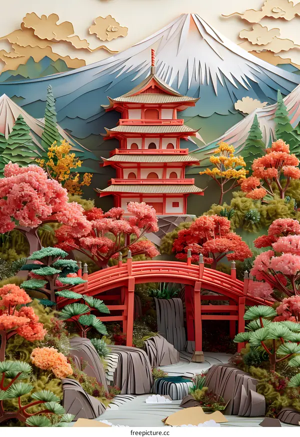 Papercraft Japanese Landscape with Pagoda and Bridge